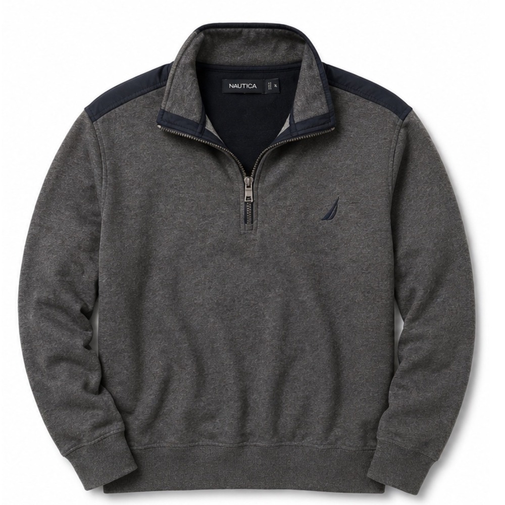 Nautica Mens XL Quarter Zip Pullover Charcoal Gray Navy Sailboat Logo Sweatshirt